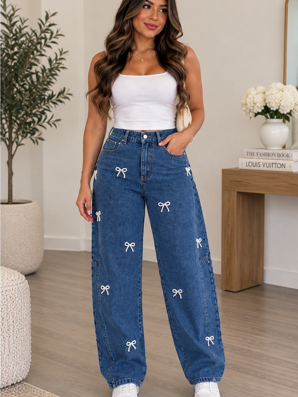 Oddi Pearl Bow High-Rise Wide Leg Jeans NWT Size S